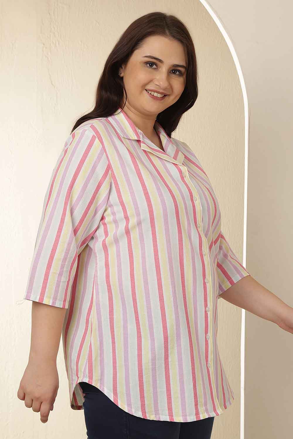 Plus Size Plus Size White Pink Stripe Cuban Collar Cotton Shirt