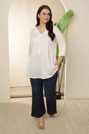 Plus Size White  V Neck Cotton Top