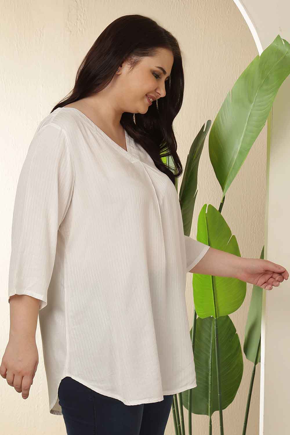 Plus Size White  V Neck Cotton Top for Women
