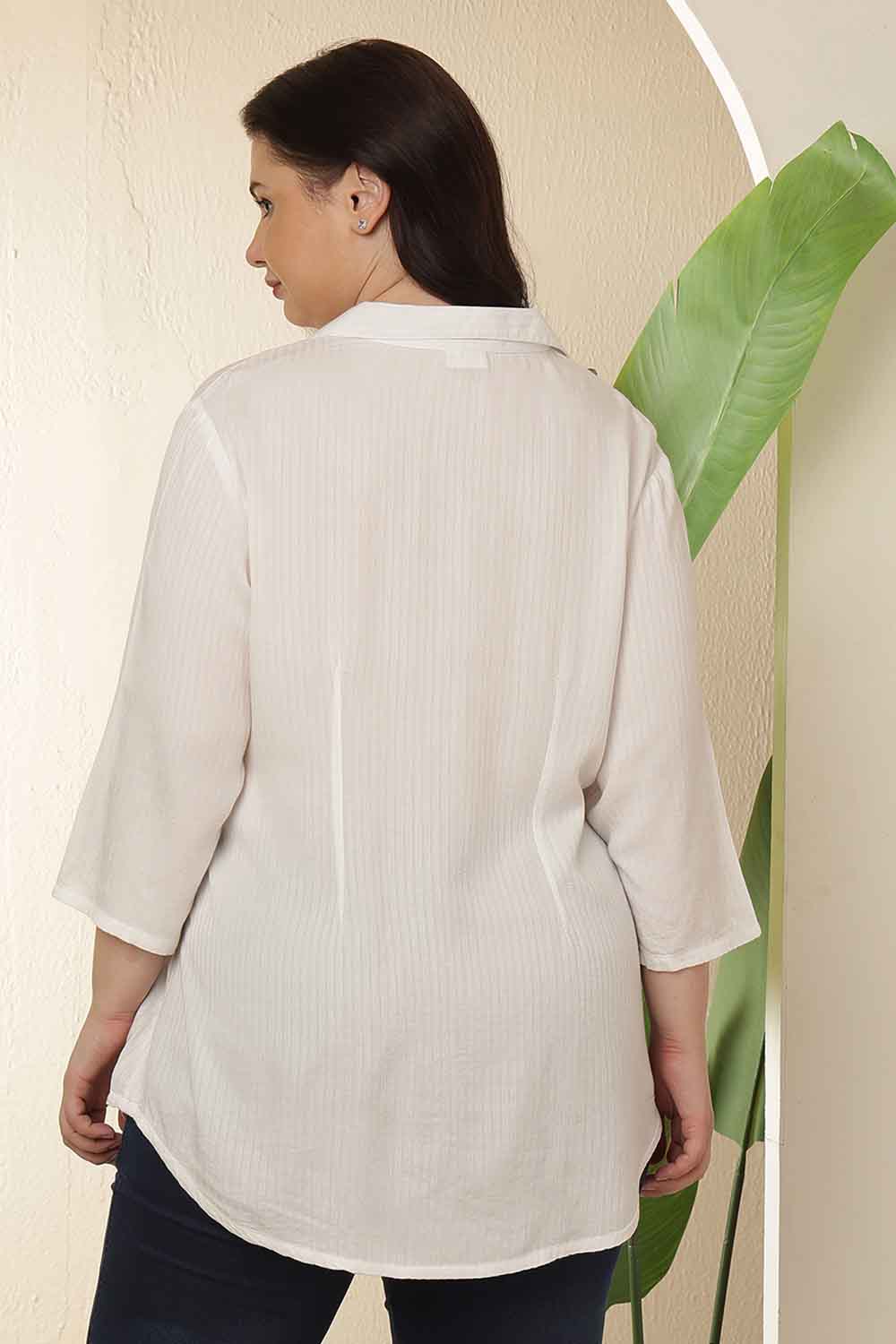 Plus Size White Cuban Collar Cotton Shirt