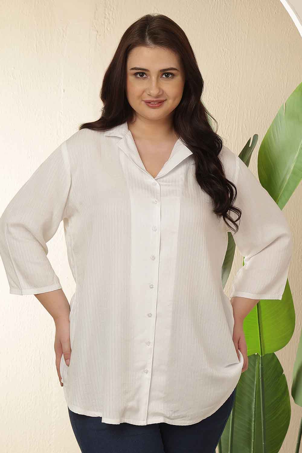Plus Size White Cuban Collar Cotton Shirt
