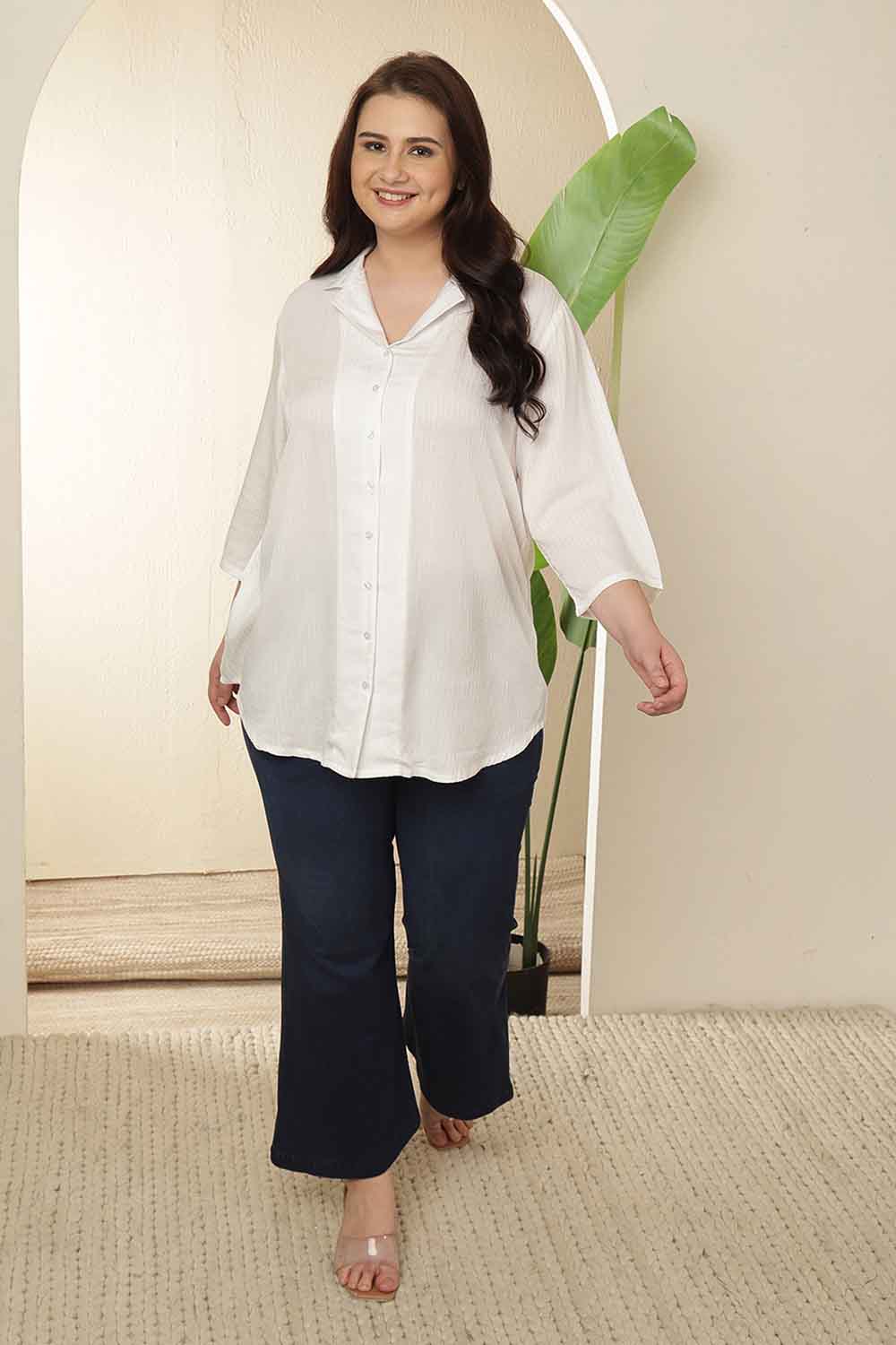 Plus Size White Cuban Collar Cotton Shirt