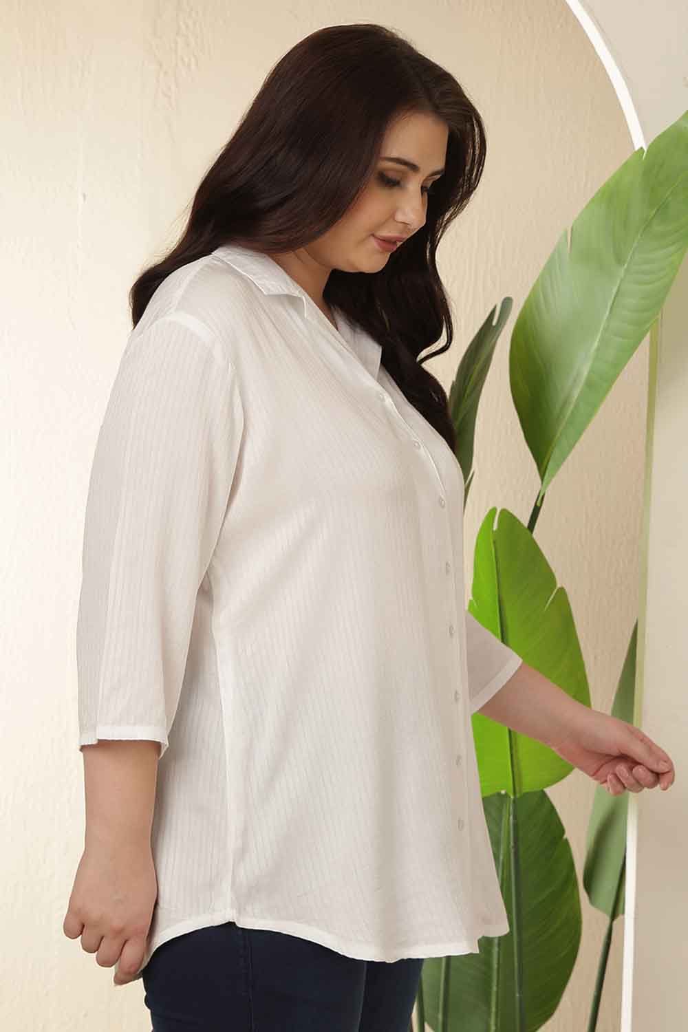 Plus Size White Cuban Collar Cotton Shirt for Women