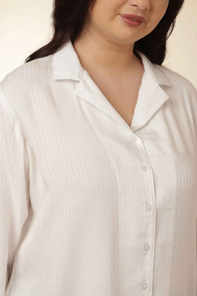 Plus Size White Cuban Collar Cotton Shirt