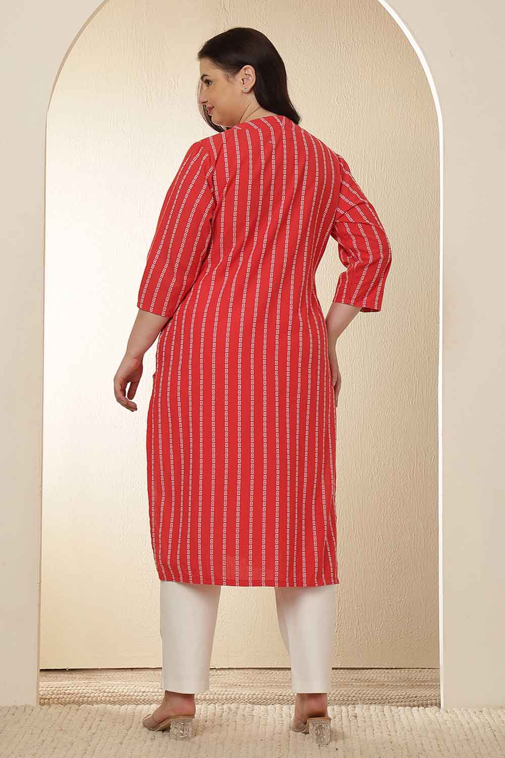 Plus Size Red Stripe Cotton V Neck Kurta