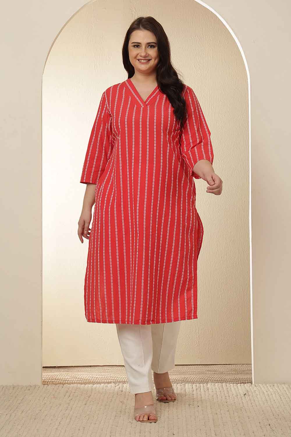 Plus Size Red Stripe Cotton V Neck Kurta