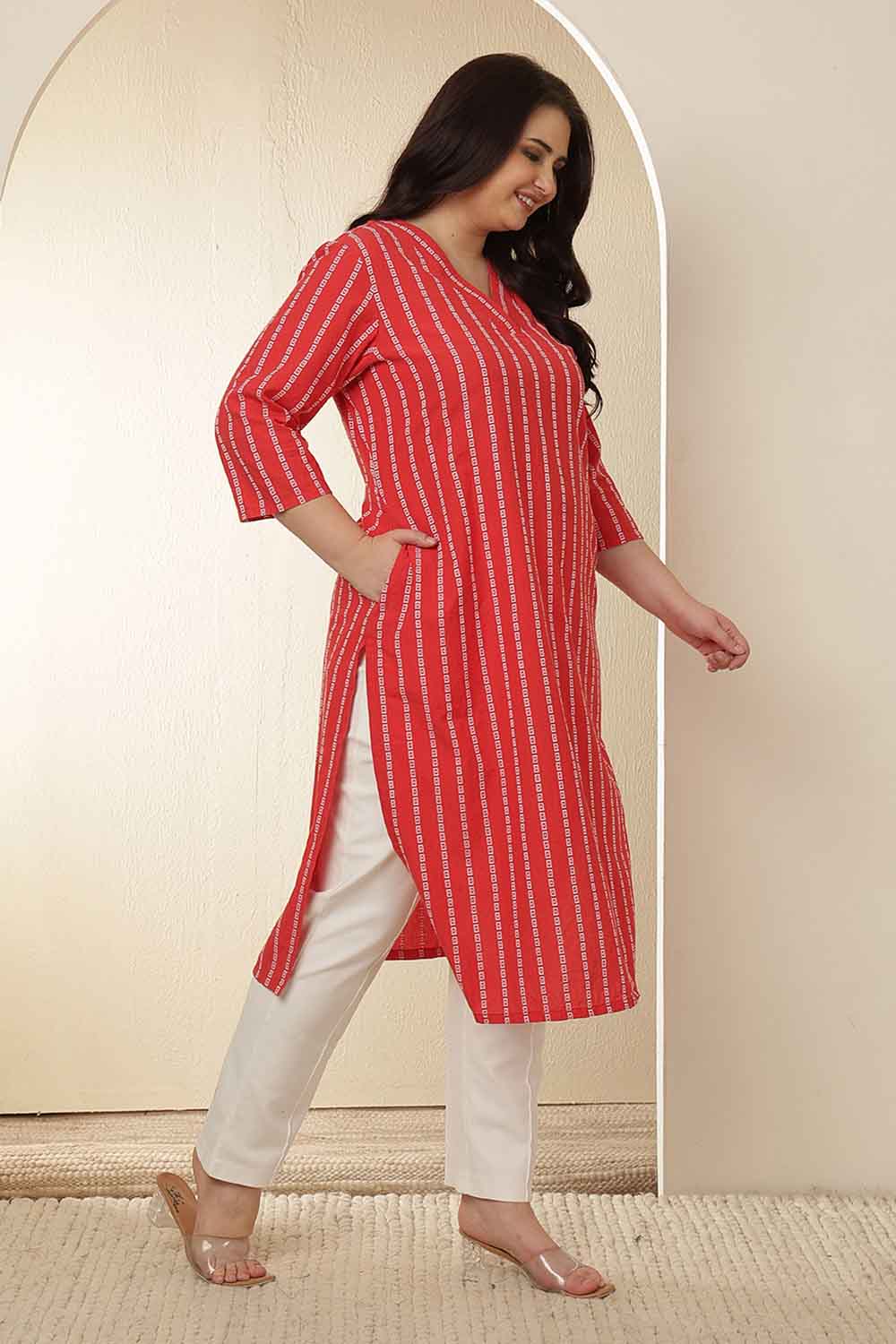 Plus Size Plus Size Red Stripe Cotton V Neck Kurta