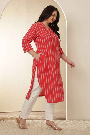 Plus Size Red Stripe Cotton V Neck Kurta