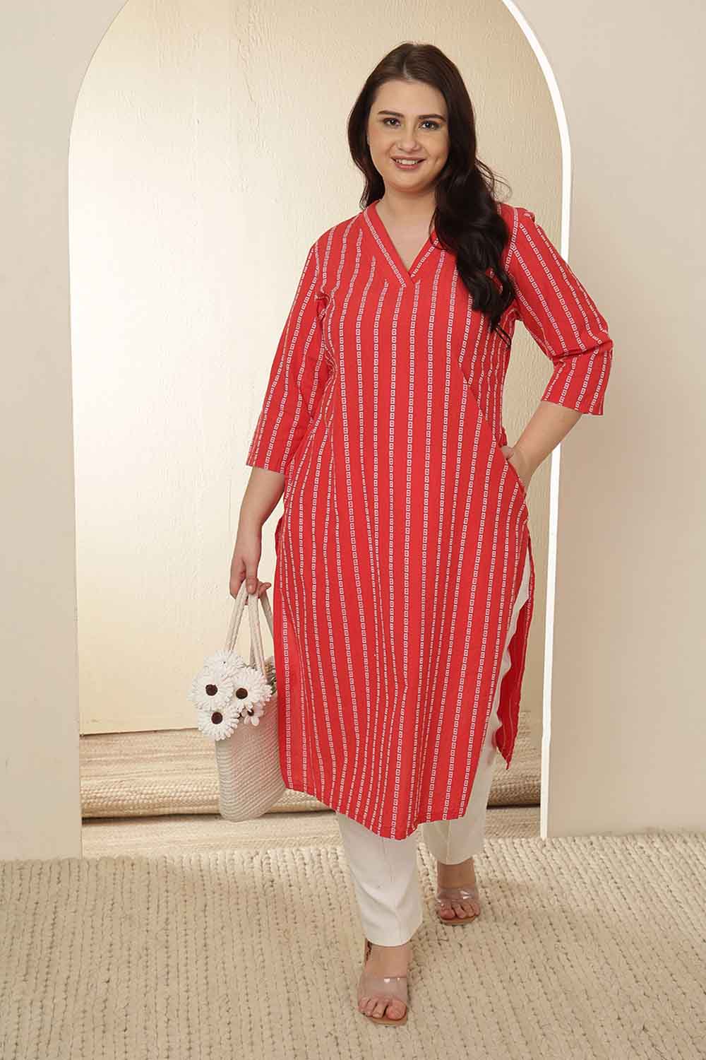 Plus Size Red Stripe Cotton V Neck Kurta for Women