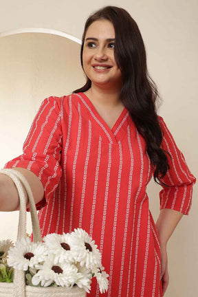 Plus Size Red Stripe Cotton V Neck Kurta