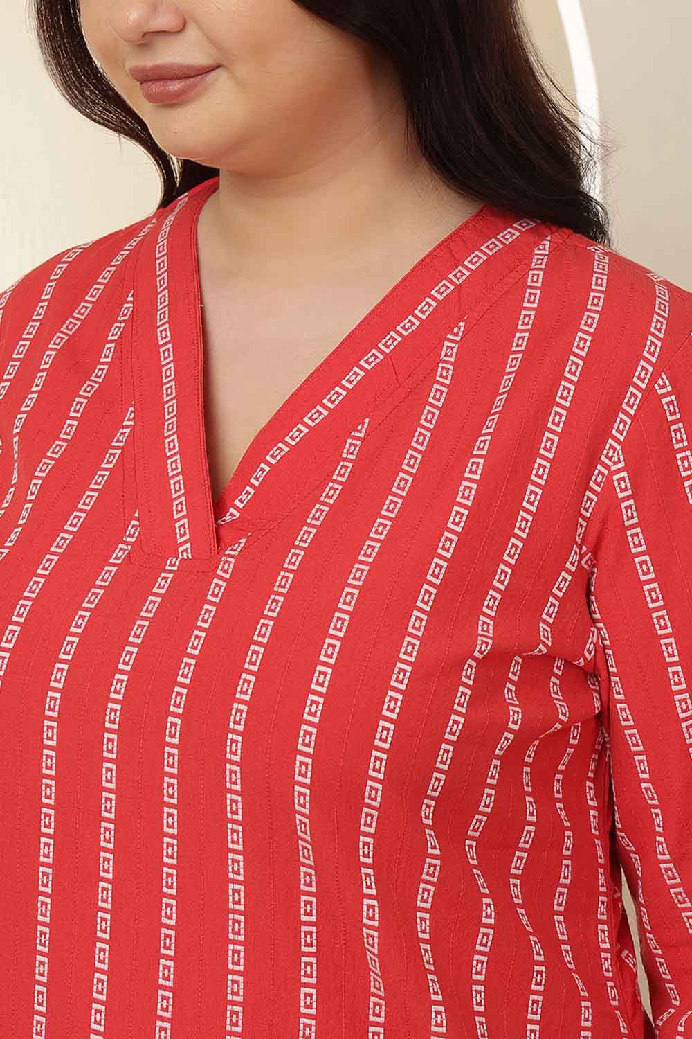 Comfortable Plus Size Red Stripe Cotton V Neck Kurta