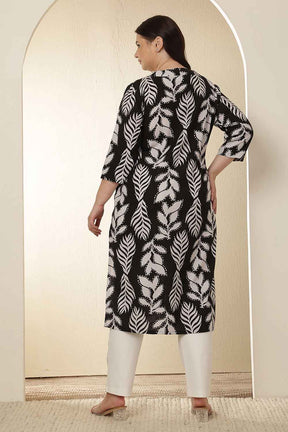 Plus Size White Black Leaf Print  Cotton V Neck Kurta