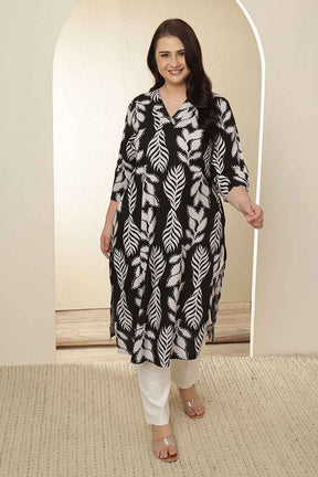 Plus Size White Black Leaf Print  Cotton V Neck Kurta