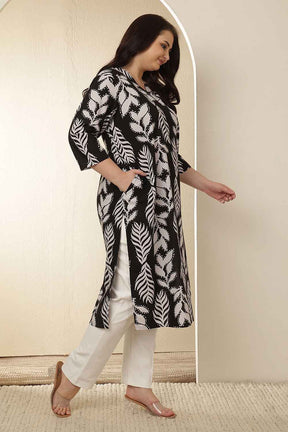 Plus Size White Black Leaf Print  Cotton V Neck Kurta