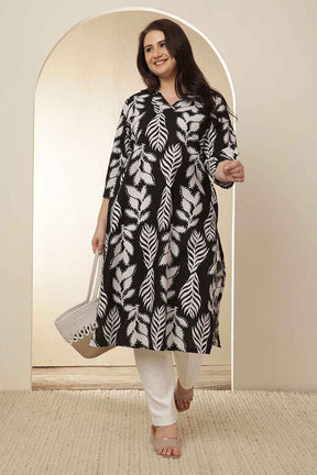 Plus Size White Black Leaf Print  Cotton V Neck Kurta