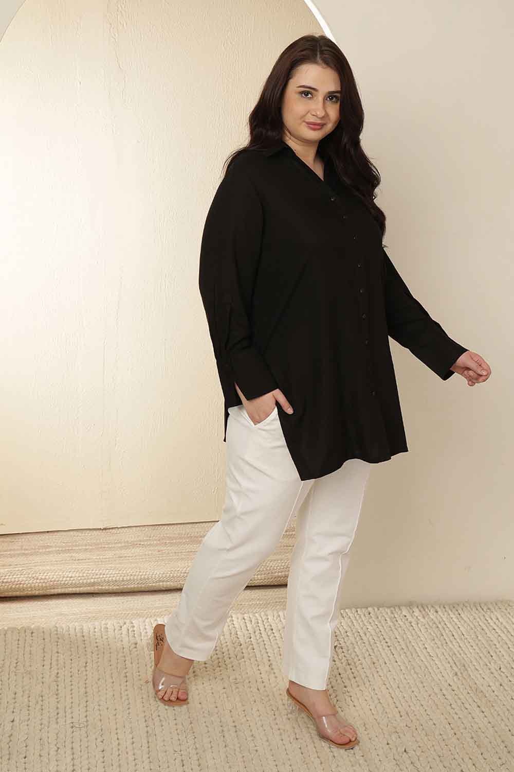 Plus Size Black High Slit Styled Cuff Cotton Shirt
