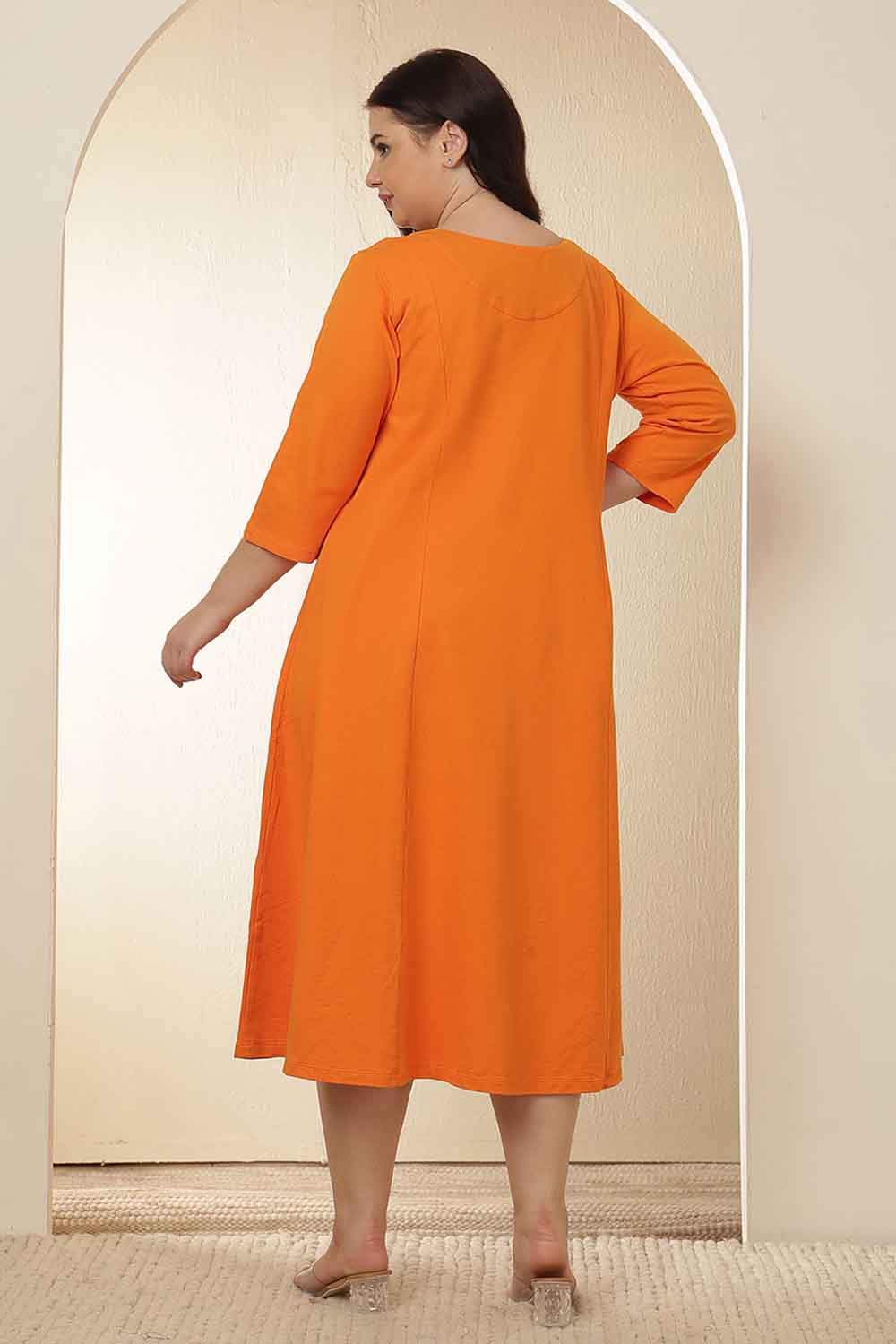 Plus Size Orange  A-Line Cotton Dress