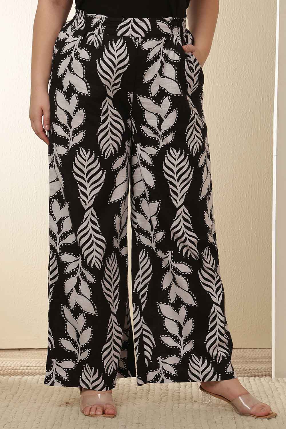 Plus Size White Black Leaf Print  Cotton Kurta Coord Set