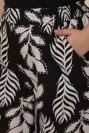 Plus Size White Black Leaf Print  Cotton Kurta Coord Set