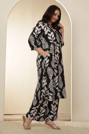 Plus Size White Black Leaf Print  Cotton Kurta Coord Set