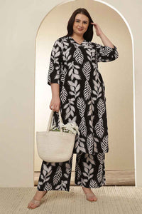 Plus Size White Black Leaf Print  Rayon Kurta Coord Set