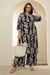 Plus Size White Black Leaf Print  Cotton Kurta Coord Set