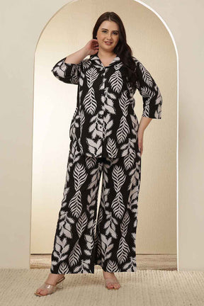 Plus Size White Black Leaf Print  Cotton Shirt Coord Set