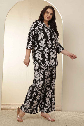 Plus Size White Black Leaf Print  Cotton Shirt Coord Set