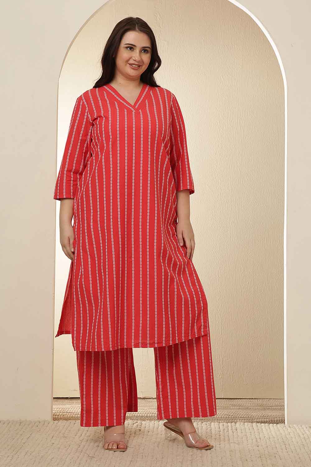 Plus Size Plus Size Red Stripe Cotton Kurta Coord Set