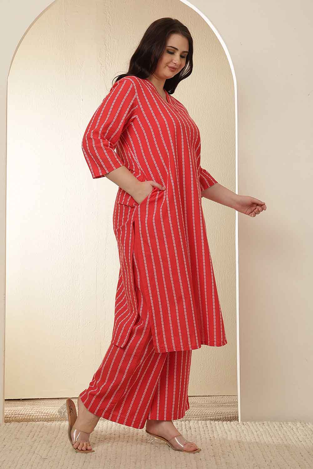 Plus Size Red Stripe Cotton Kurta Coord Set for Women