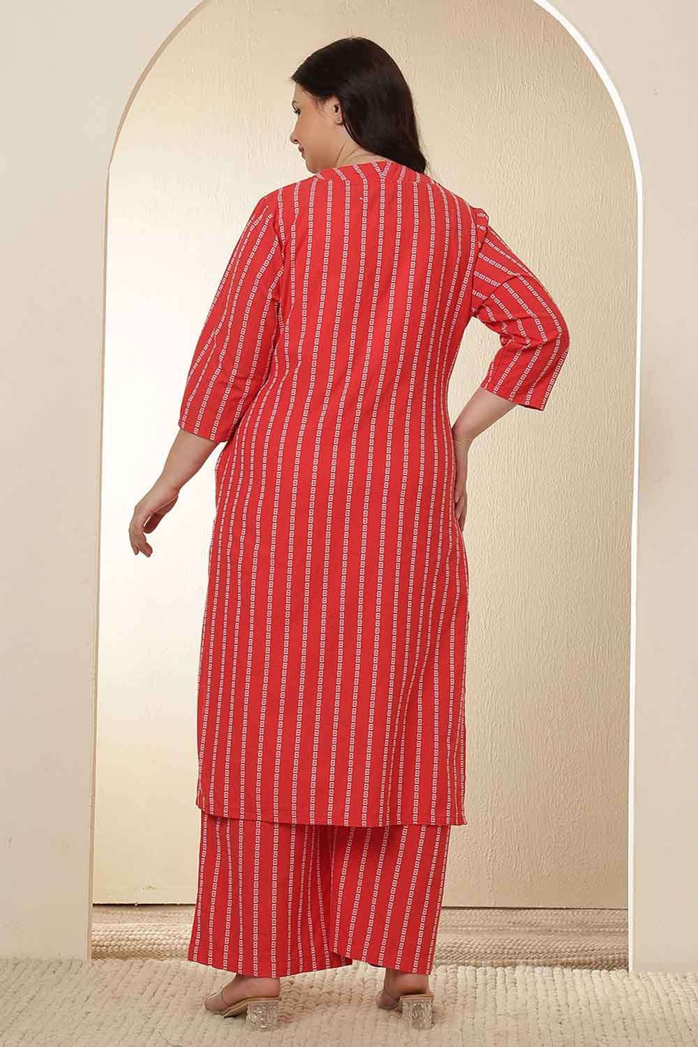 Comfortable Plus Size Red Stripe Cotton Kurta Coord Set