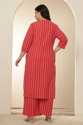 Plus Size Red Stripe Cotton Kurta Coord Set