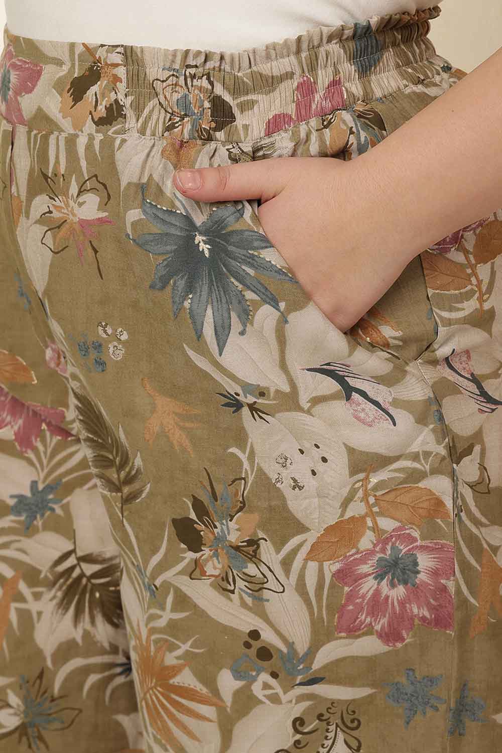 Plus Size Olive Floral Print  Kurta Coord Set