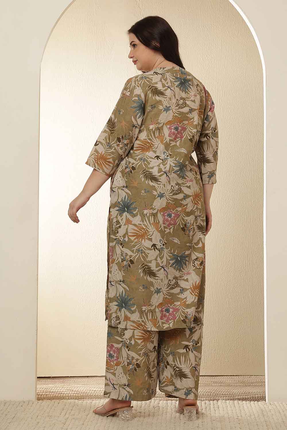 Plus Size Olive Floral Print  Kurta Coord Set