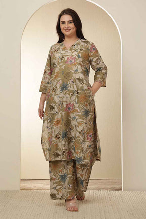 Plus Size Olive Floral Print  Kurta Coord Set