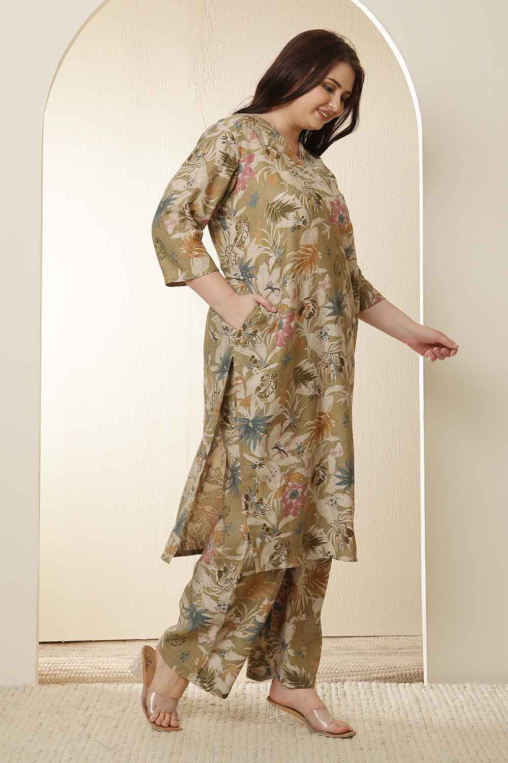 Comfortable Plus Size Olive Floral Print  Kurta Coord Set