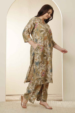 Plus Size Olive Floral Print  Kurta Coord Set