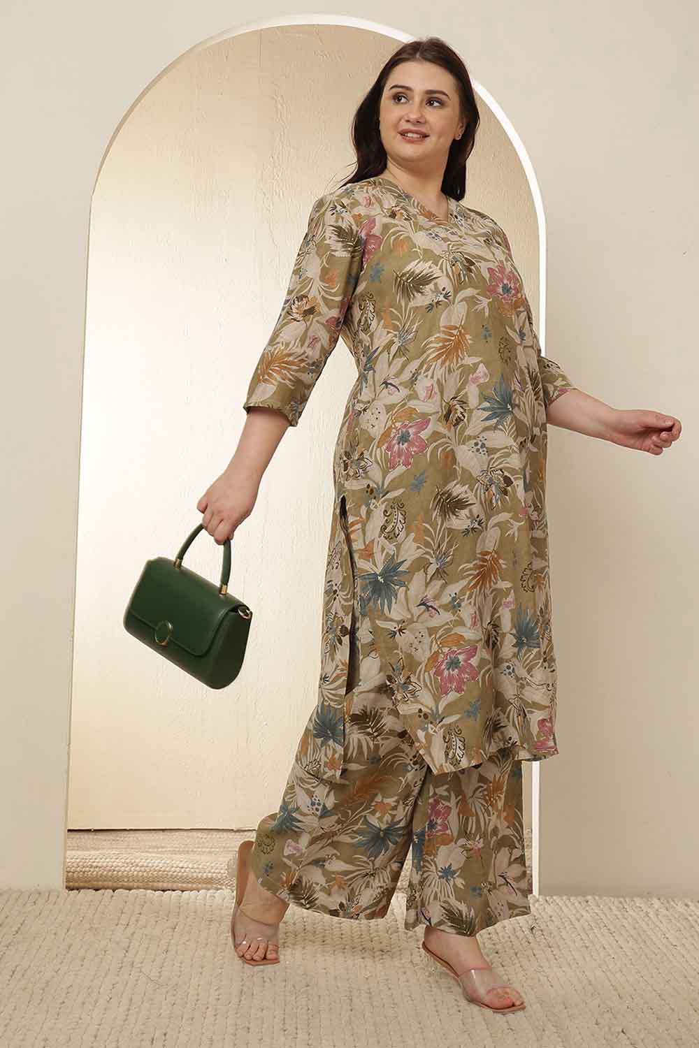 Plus Size Olive Floral Print  Kurta Coord Set