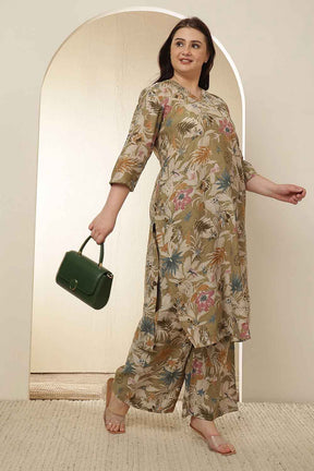 Plus Size Olive Floral Print  Kurta Coord Set