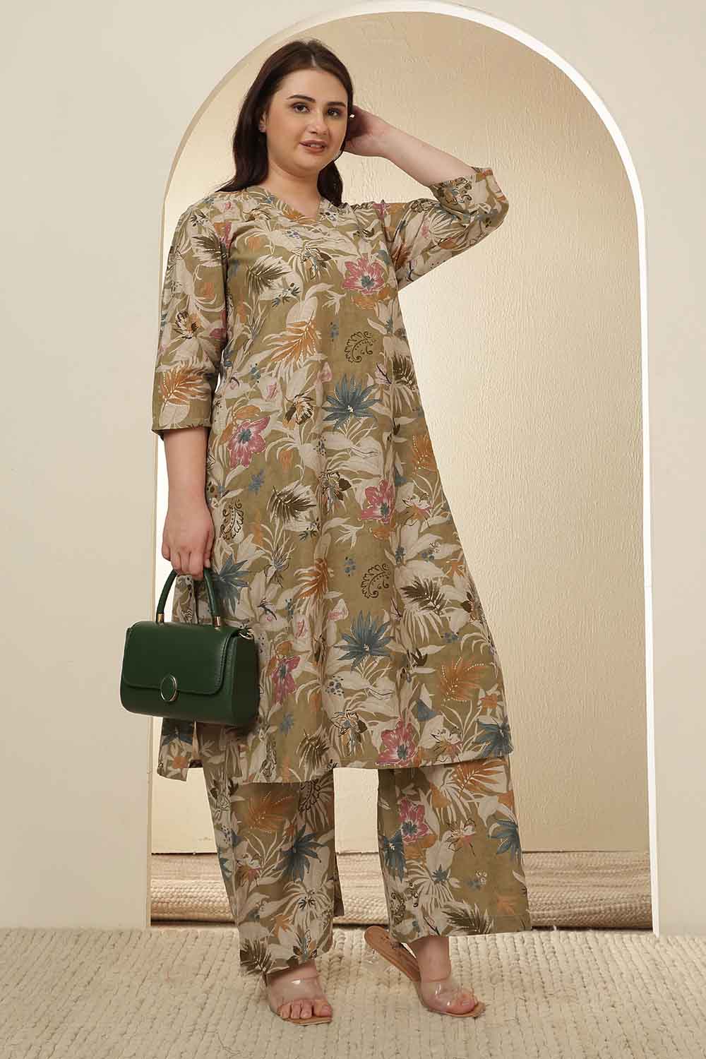 Plus Size Plus Size Olive Floral Print  Kurta Coord Set