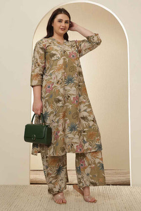 Plus Size Olive Floral Print  Kurta Coord Set
