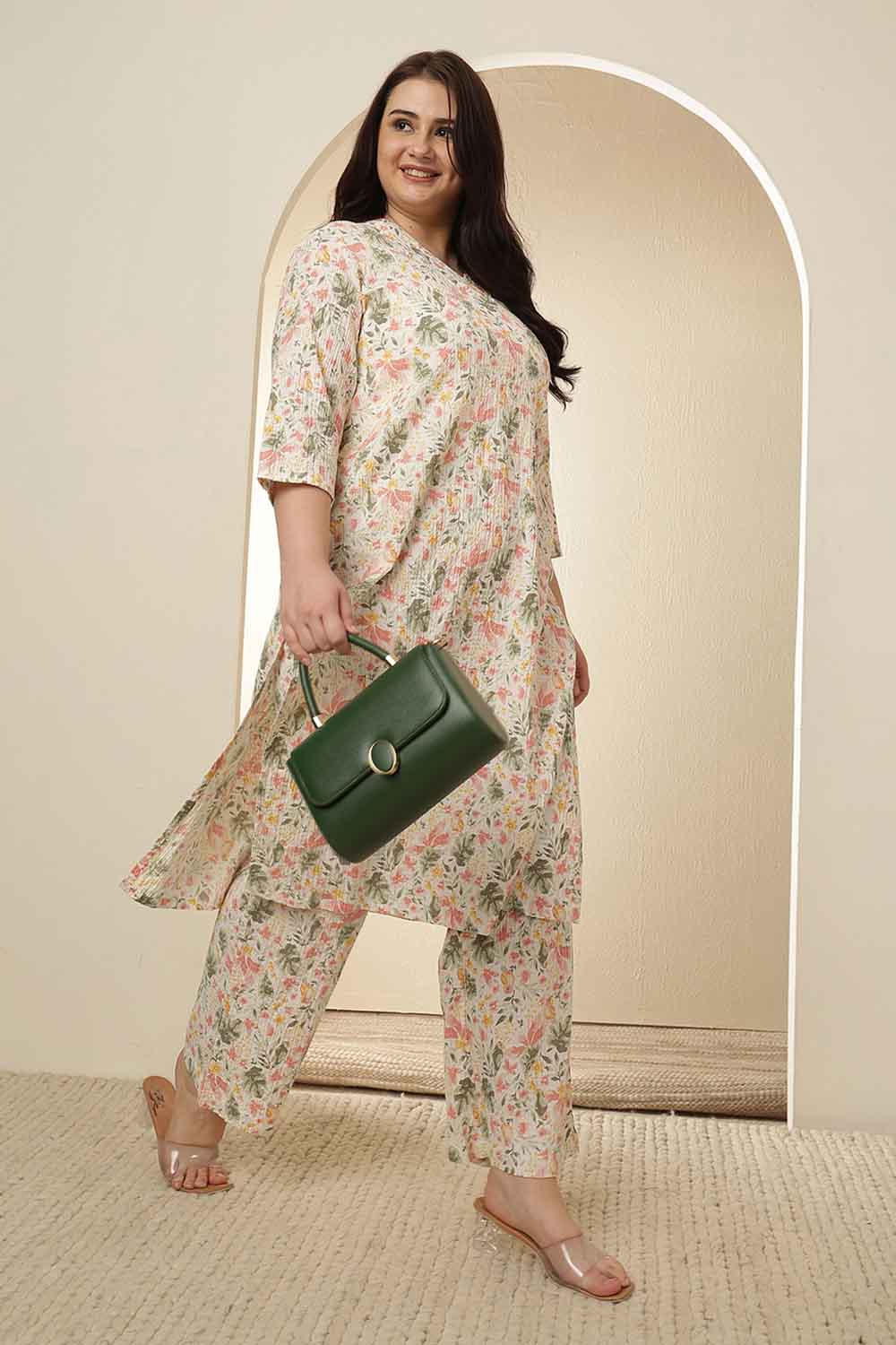 Plus Size Floral Print Kurta Coord Set