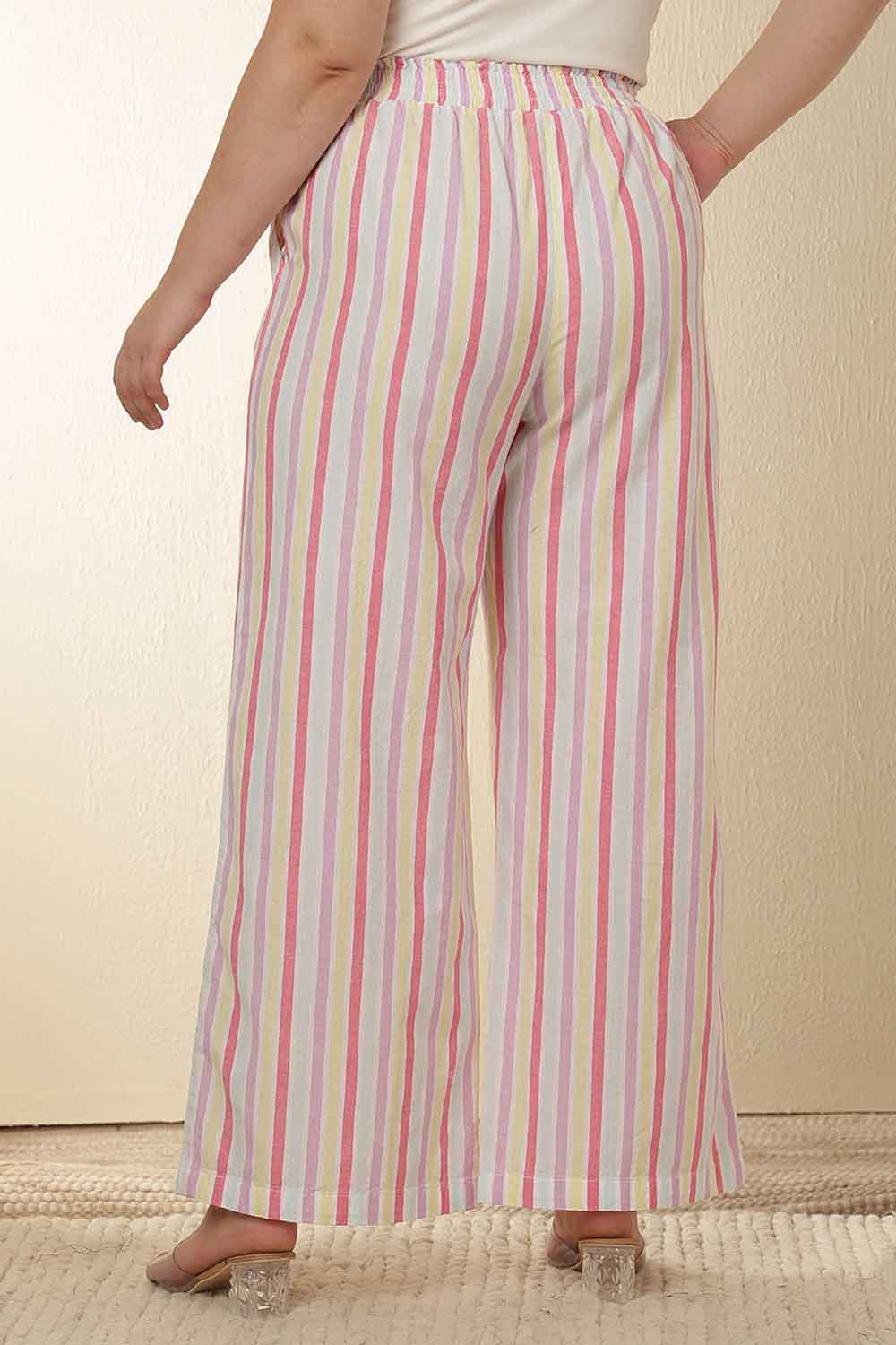 Plus Size White Pink Stripe Cotton Kurta Coord Set