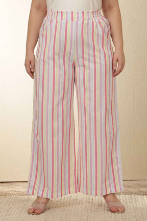 Plus Size White Pink Stripe Cotton Kurta Coord Set