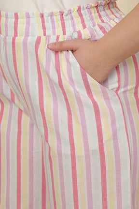 Plus Size White Pink Stripe Cotton Kurta Coord Set