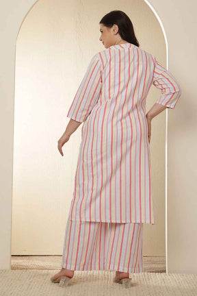 Plus Size White Pink Stripe Cotton Kurta Coord Set