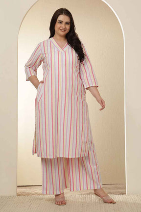 Plus Size White Pink Stripe Cotton Kurta Coord Set