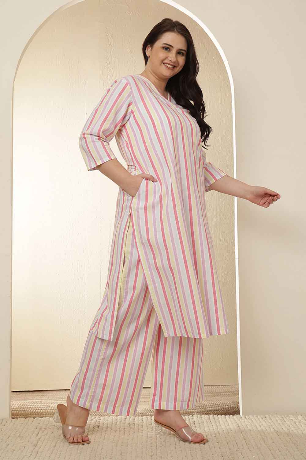 Plus Size White Pink Stripe Cotton Kurta Coord Set