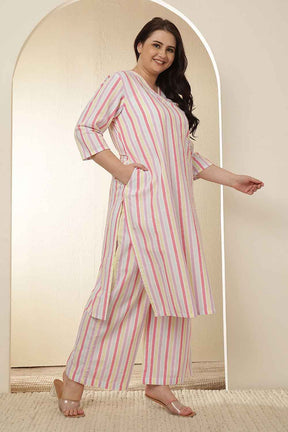 Plus Size White Pink Stripe Cotton Kurta Coord Set