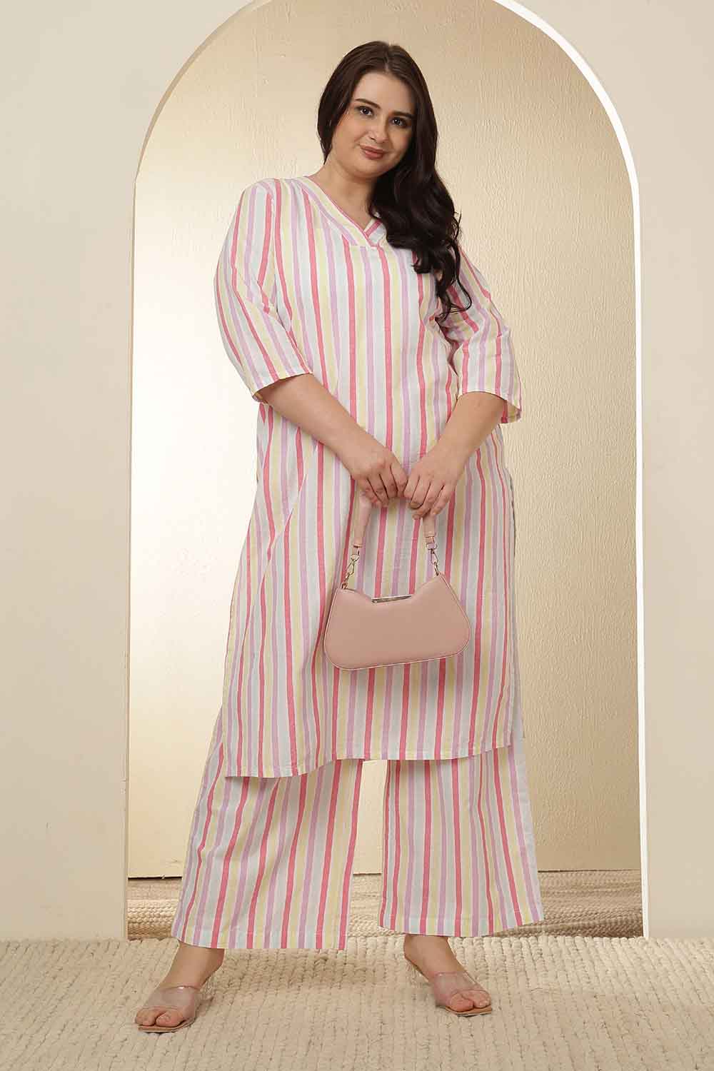 Plus Size White Pink Stripe Cotton Kurta Coord Set for Women